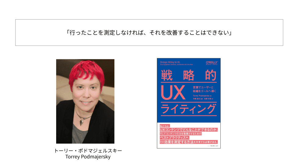 「行ったことを測定しなければ、それを改善することはできない」
— Torrey Podmajersky