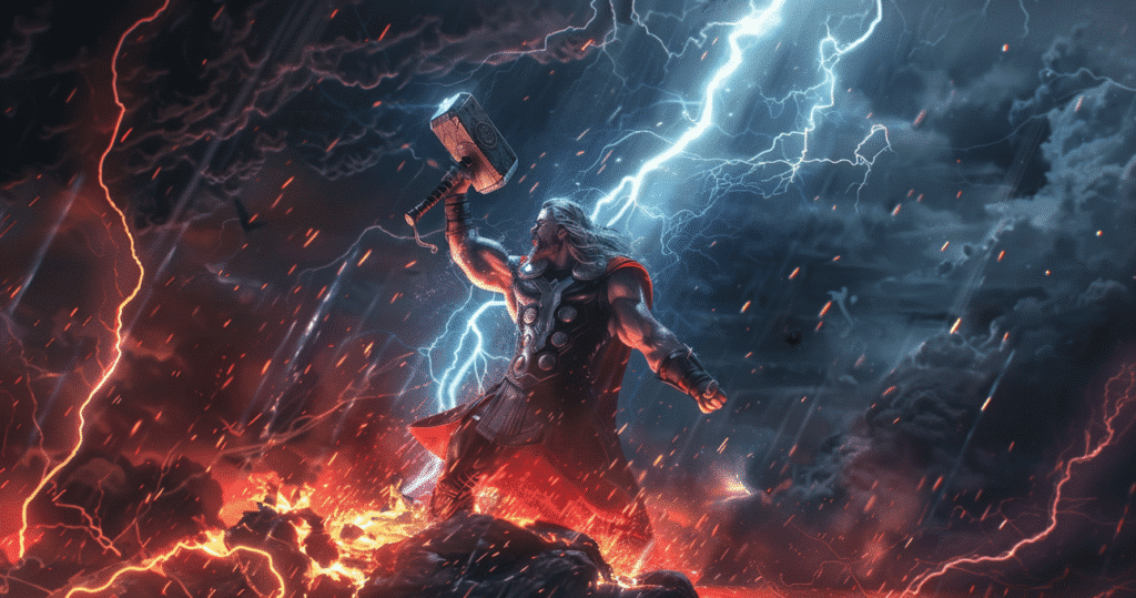 マイティーソーがハンマーを振りかざす