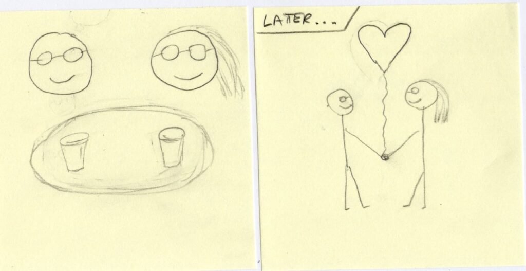 ストーリーボード　付箋紙
ハートの風船を男女がもつ