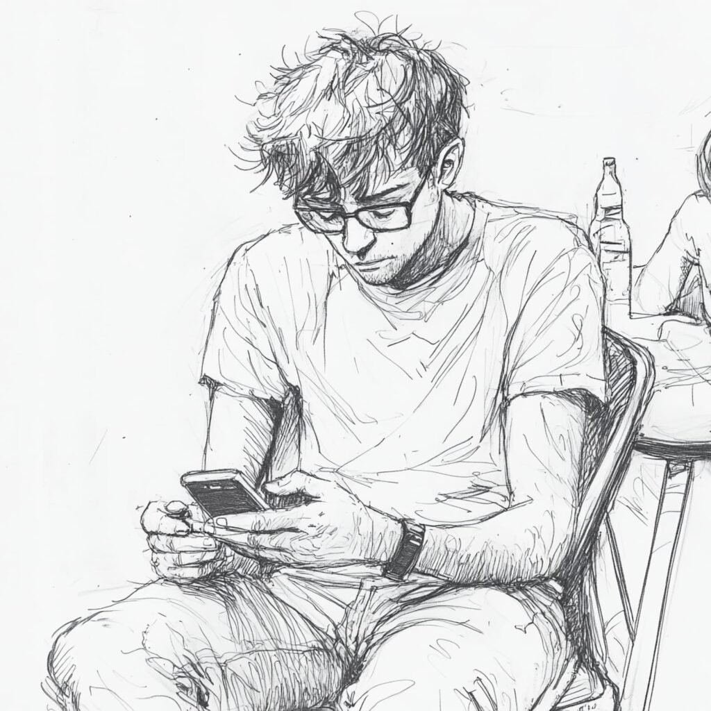 男性が椅子に座って、スマートフォンを触ってる