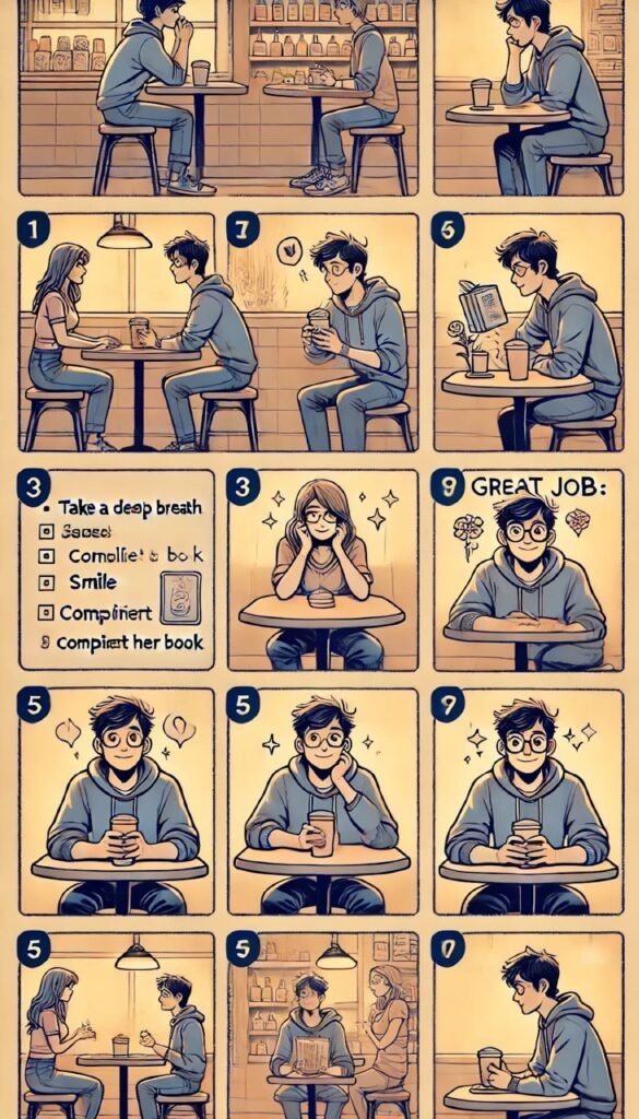 UX for AI; ストーリーボード　Mood Ring 男性がカフェで女性に一目惚れ