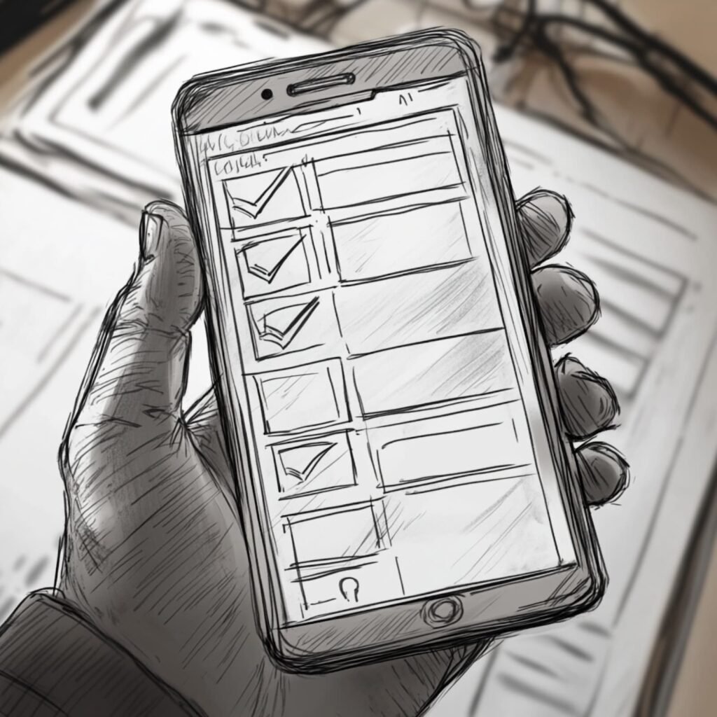 スマートフォンの画面、スケッチで四角い箱がいくつて用意されている。