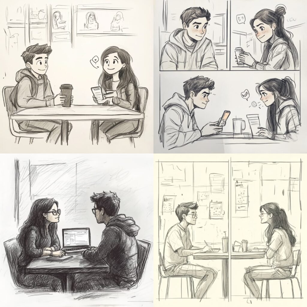 UX for AI; Story Board 男性と女性が向き合う　4枚