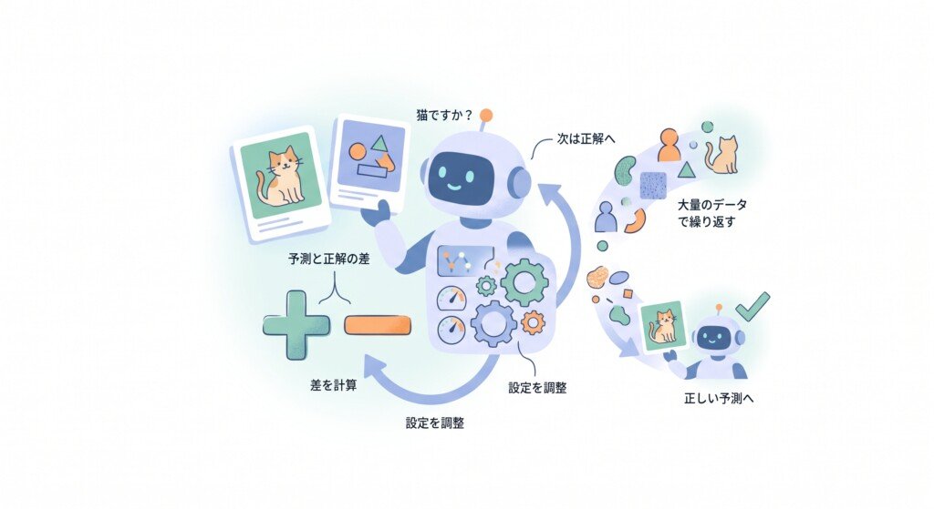 AIは予測と正解の差をもとに設定を調整して、学習する